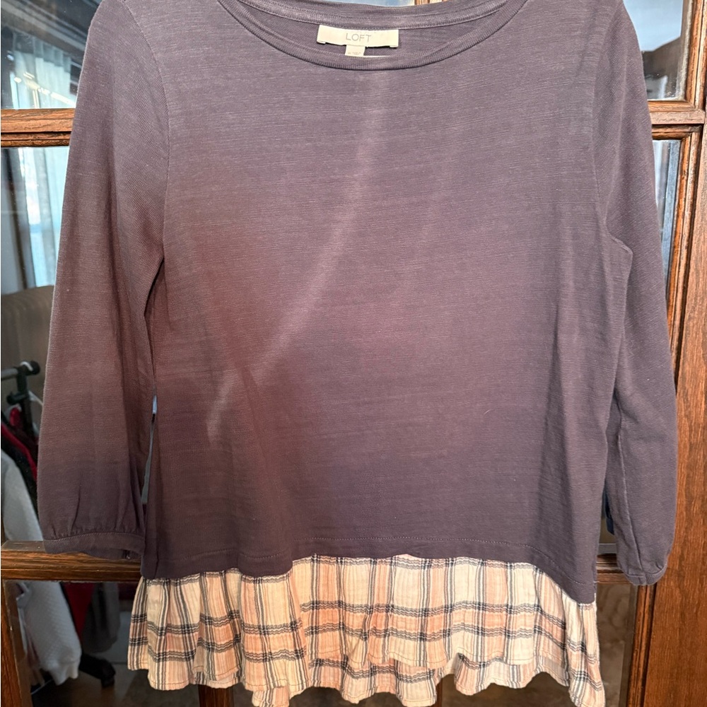 Ann Taylor Loft Womens Medium Gray Mixed Media Plaid Tiered Ruffle Hem‎ Top M